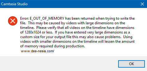 Camtasia Out of Memory Problem