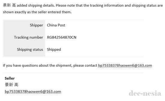 Email pemberitahuan barang sudah di kirim, lengkap dengan Tracking Number-nya