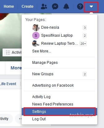 cara menghapus akun facebook permanen klik pada segitiga di kanan atas, lalu Setting atau Pengaturan