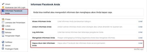 klik pada Informasi Facebook Anda lalu klik pada lihat pada bagian Hapus Akun dan Informasi Anda