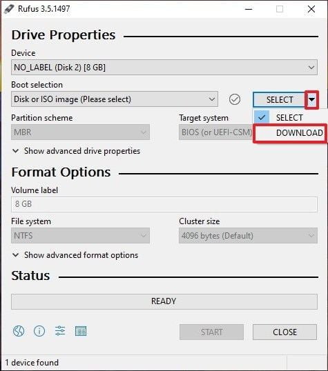Opsi Download file ISO Windows 10 di Rufus