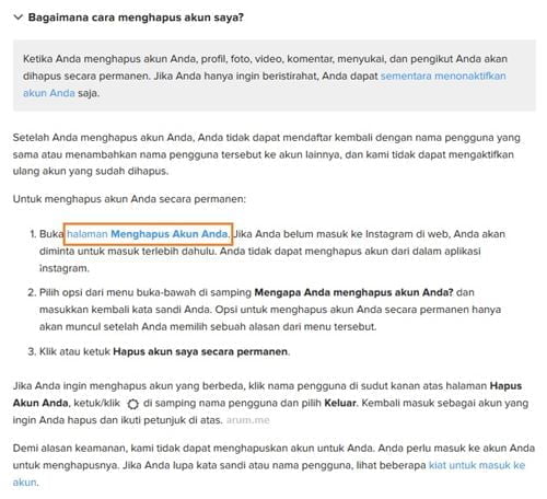 tap pada link halaman Menghapus Akun Anda